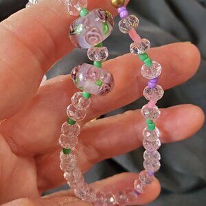 Vintage Pink and Green Glass Bead Necklace